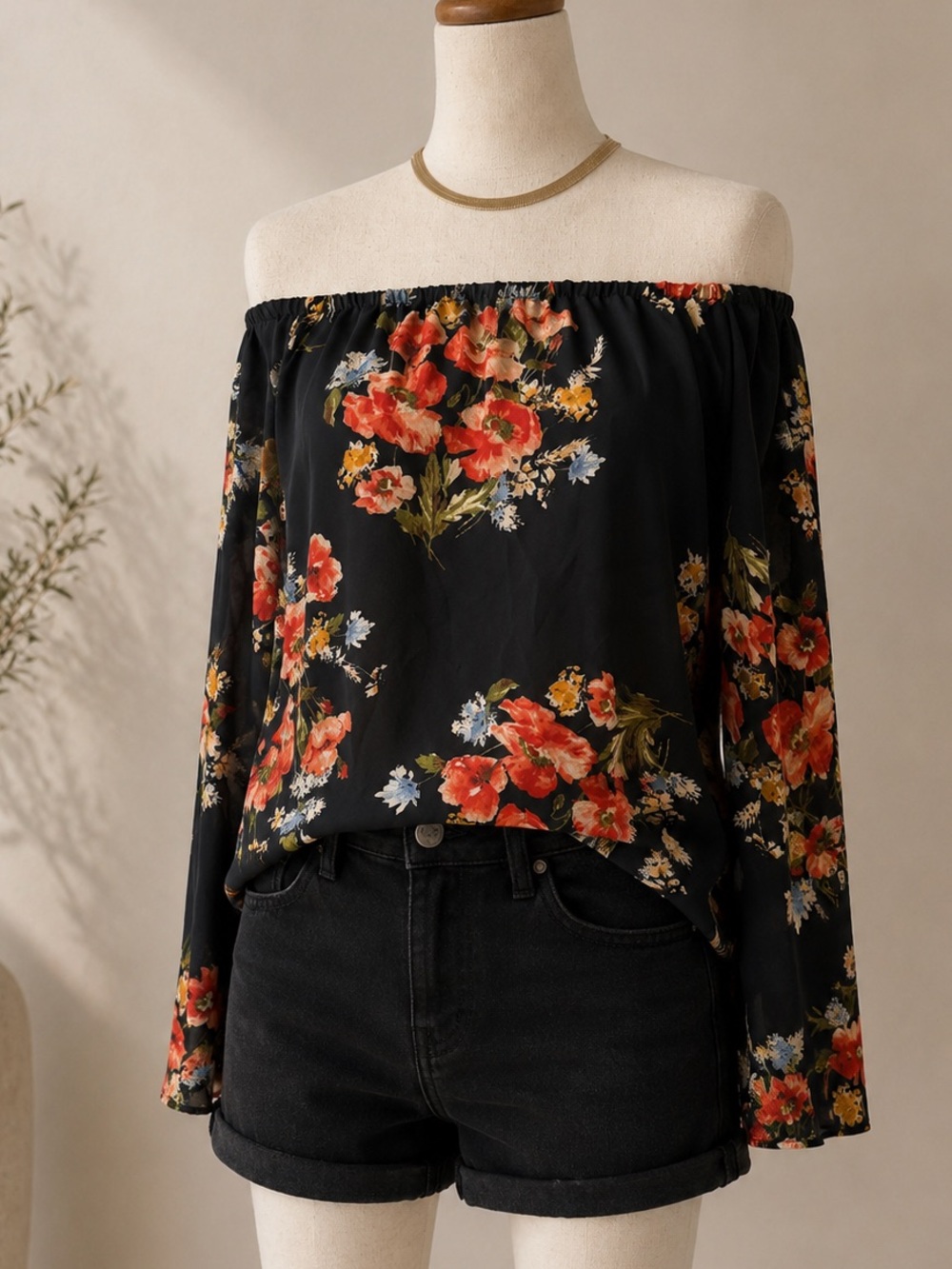 Forever 21 Black Off-Shoulder Floral Blouse with Red and Yellow Blooms